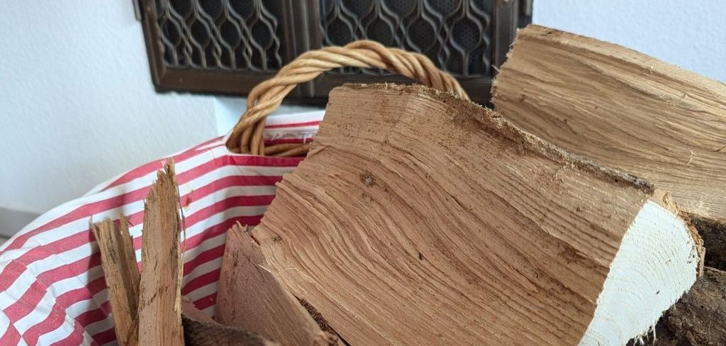Holzscheite liegen in einem Weidenkorb, der mit einem rot-weiß gestreiften Stoff ausgekleidet ist. 