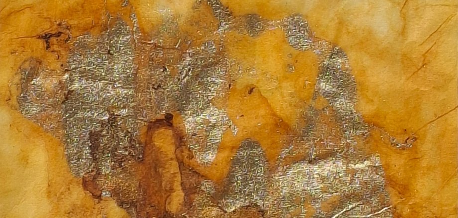 Abstraktes Kunstwerk in warmen Braun- und Goldtönen mit metallisch glänzenden Strukturen auf strukturiertem Untergrund.