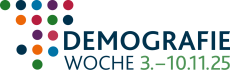 Logo der Demografiewoche 2025 mit bunten Punkten in Pfeilform und dem Schriftzug „Demografiewoche 3.–10.11.25“.