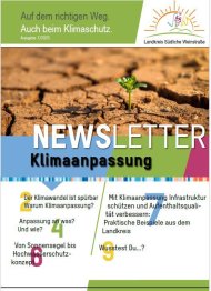 Titelseite des SÜW-Klimaschutz-Newsletters 7/2025. Zentrales Motiv ist eine kleine, keimende Grünpflanze auf ausgetrocknetem Boden. Das Thema des Newsletters ist mit "Klimaanpassung" betitelt.