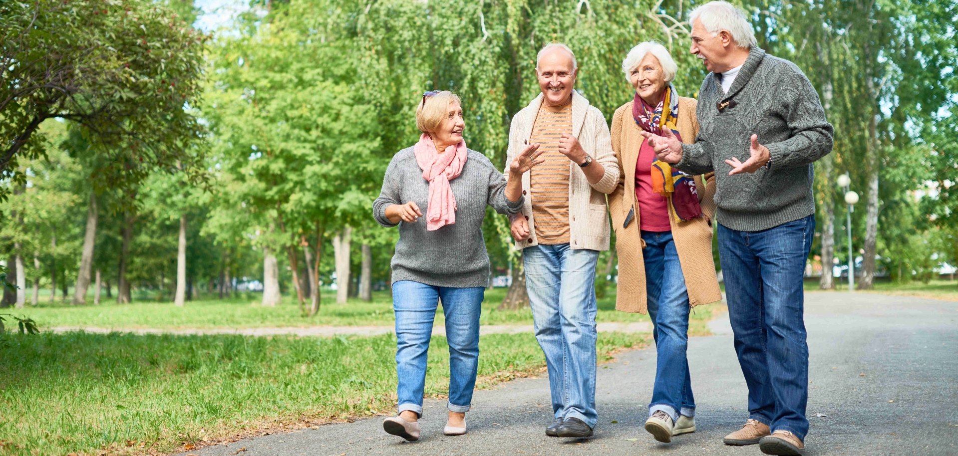 Eine Gruppe Seniorinnen und Senioren in warmer Kleidung läuft während einer freudigen Unterhaltung durch einen Park.