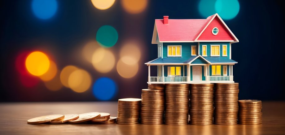 Ein Modell eines Hauses steht auf einem Stapel Münzen. Im Hintergrund sind unscharfe farbige Lichtpunkte zu sehen.