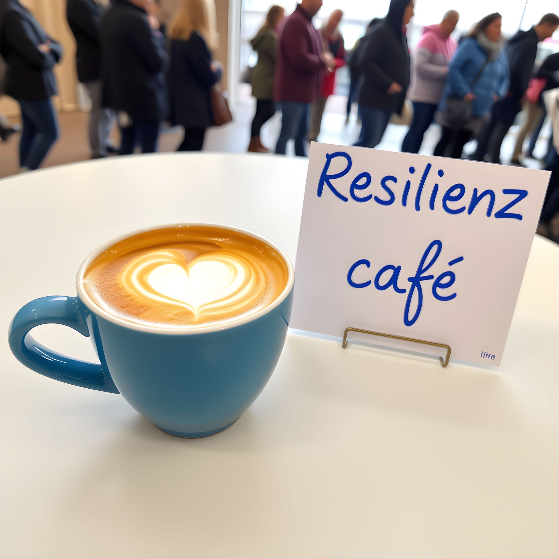 Eine Tasse Cappuccino auf einem Stehtisch. Neben der Tasse steht ein kleines Pappschild mit der handgeschriebenen Aufschrift "Resilienzcafé". Im Hintergrund sind unscharf zahlreiche Personen zu sehen.