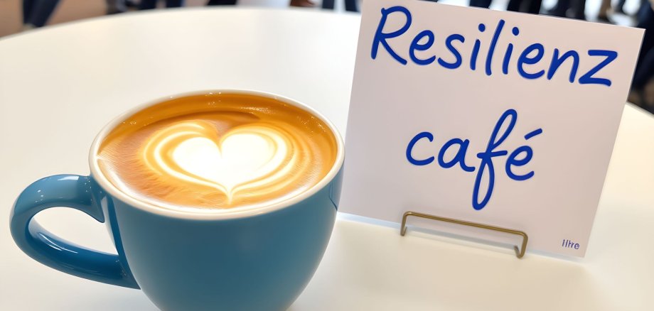 Eine Tasse Cappuccino auf einem Stehtisch. Neben der Tasse steht ein kleines Pappschild mit der handgeschriebenen Aufschrift "Resilienzcafé". Im Hintergrund sind unscharf zahlreiche Personen zu sehen.