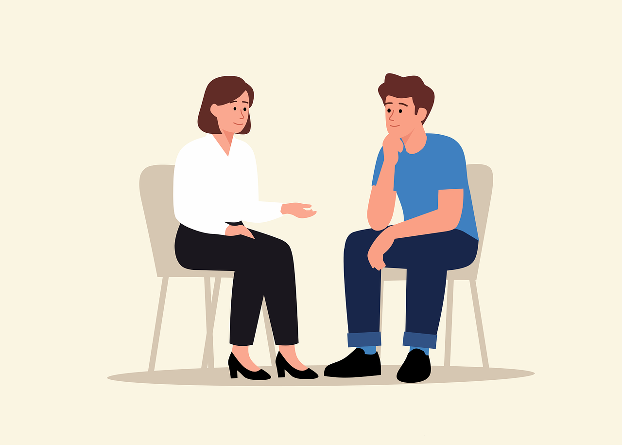 Zeichnung zweier auf Stühlen sitzender Menschen in einer Beratungssituation.