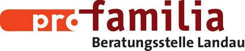 roter Schriftzug "pro familia", schwarze Unterzeile "Beratungsstelle Landau