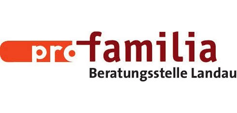 roter Schriftzug "pro familia", schwarze Unterzeile "Beratungsstelle Landau