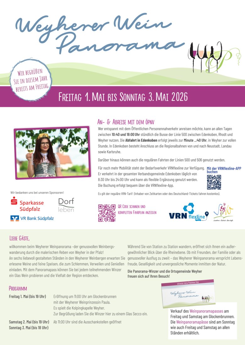 Flyer zum Weinpanorama inklusive QR-Codes zum Busfahrplan. Illustriert unter anderem mit einem Bild der Weyherer Weinprinzessin Paula.