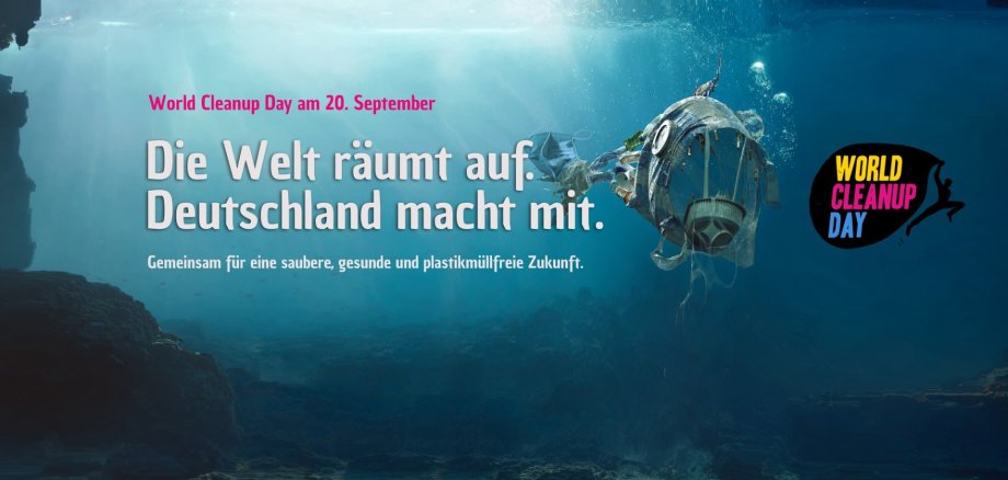 Jede und jeder kann mitmachen beim World Cleanup Day: Einfach über die Webseite checken, wo es in der Umgebung Aktionen gibt – oder selbst eine organisieren. Foto: Let’s Do It! Germany e.V./WCD_fish Grafik zum World CleanUp Day am 20. September. Vor einer Unterwasser-Kulisse schwimmt ein aus Plastikmüll und Abfällen dargestellter Fisch. Daneben steht der Aufruf "Die Welt räumt auf. Deutschland macht mit." sowie das Logo des World CleanUp Day.
