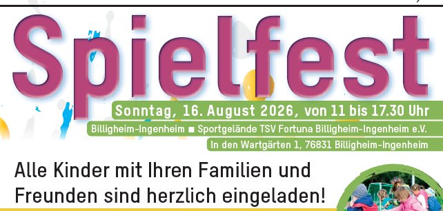 Veranstaltungsplakat der Kreisverwaltung Südliche Weinstraße zum Spielfest am Sonntag, 16. August 2026, von 11 bis 17.30 Uhr auf dem Sportgelände des SV Fortuna Billigheim-Ingenheim. Eingeladen sind Kinder mit ihren Familien und Freunden. Das Plakat informiert über Spiele des Teams Bananenflanke Südpfalz, Kletterwand, Hüpfburg, Frisbee-Golf, Zauberei, Wasserspiele sowie Feuerwehr-, Polizei- und THW-Fahrzeuge. Der Eintritt ist frei. Ergänzt wird das Plakat durch Fotos spielender Kinder und Logos der beteiligten Organisationen.