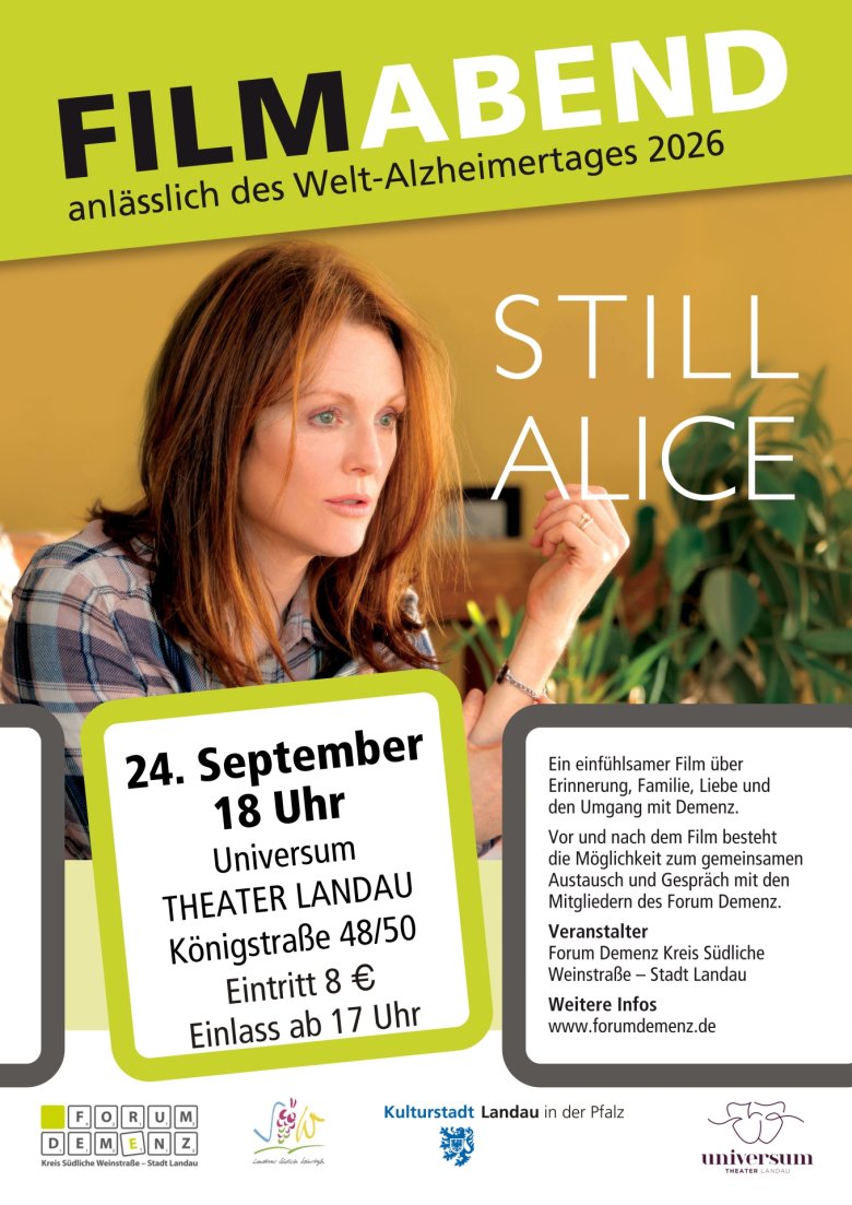 Das Forum Demenz Kreis Südliche Weinstraße - Stadt Landau zeigt anlässlich des Welt-Alzheimertages am Donnerstag, 24. September, den Film „Still Alice – Mein Leben ohne Gestern“. (Quelle: Forum Demenz) Filmplakat: Eine sitzende Frau im karierten Hemd starrt ins Leere.