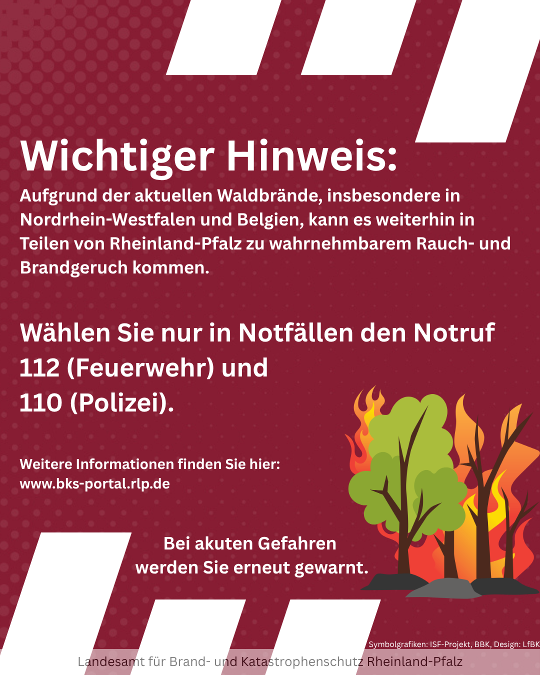Rote Informationsgrafik des Landesamts für Brand- und Katastrophenschutz Rheinland-Pfalz. Sie informiert über möglichen Rauch- und Brandgeruch durch aktuelle Waldbrände in Nordrhein-Westfalen und Belgien.