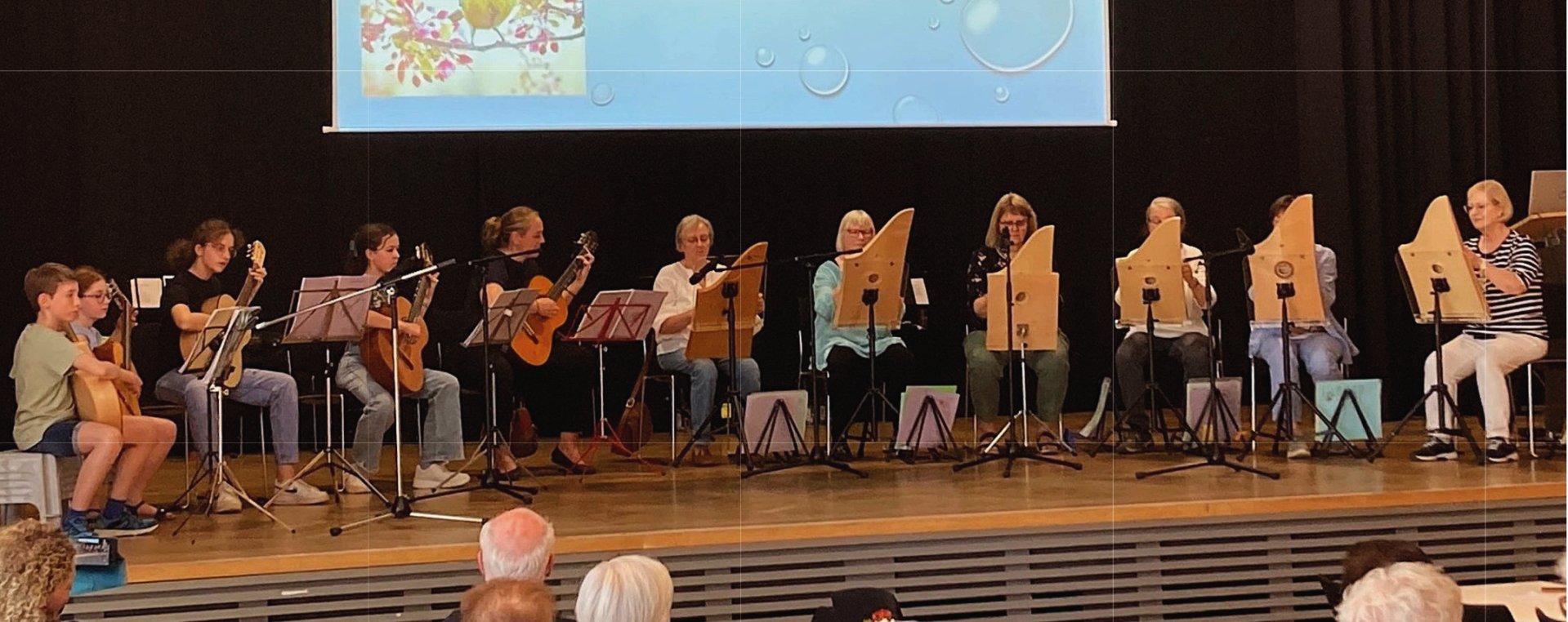 Eine Musikgruppe sitzt bei einem Auftritt auf einer Bühne. Mehrere Personen spielen Veeh-Harfen, weitere spielen Gitarren und andere Saiteninstrumente.