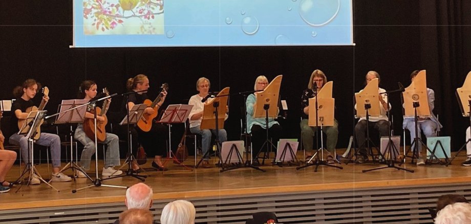 Bei einem früheren Konzert des Zupforchesters. Archivfoto: Gütermann-Cichorowski/frei Eine Musikgruppe sitzt bei einem Auftritt auf einer Bühne. Mehrere Personen spielen Veeh-Harfen, weitere spielen Gitarren und andere Saiteninstrumente.