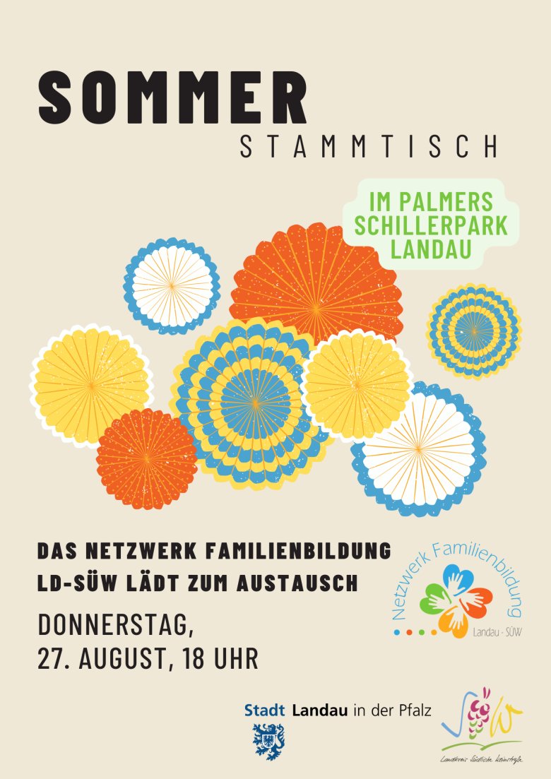 Am Donnerstag, 27. August, lädt das Netzwerk Familienbildung LD-SÜW um 18 Uhr zum Sommerstammtisch ins Palmers im Landauer Schillerpark ein. Grafik: Stadt Landau Plakat mit Aufschrift Sommerstammtisch.