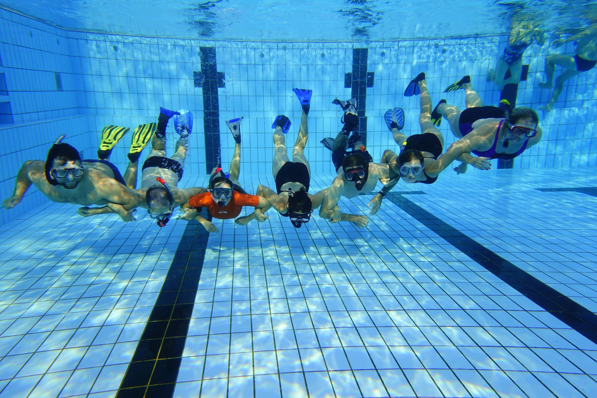 Mehrere Taucherinnen und Taucher halten sich unter Wasser an den Händen und schauen in die Kamera. Alle haben Taucherbrillen auf.