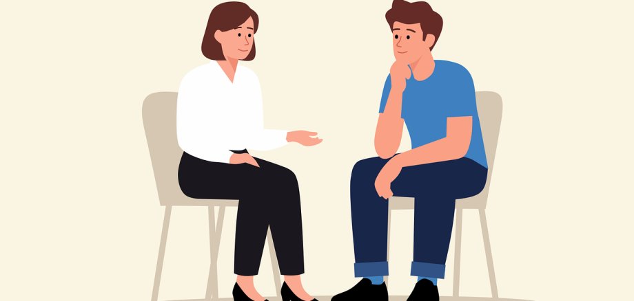 Zeichnung zweier auf Stühlen sitzender Menschen in einer Beratungssituation.