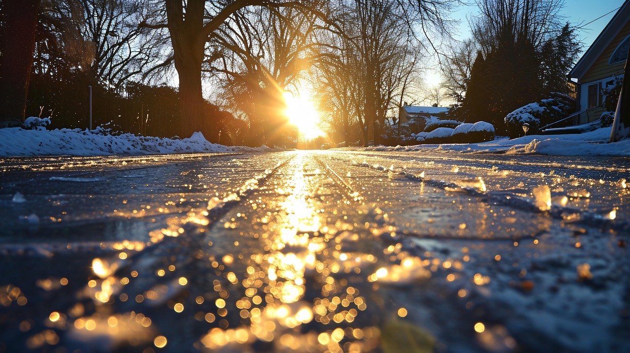 Blick über eine eisbedeckte Straße.