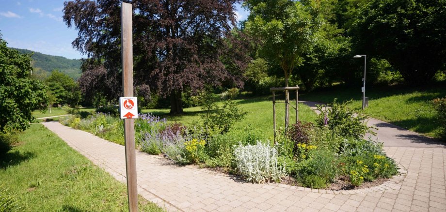 Die Markward-Anlage in Annweiler lädt zum Spazieren und Verweilen ein, der Rundweg ist barrierefrei. Foto: KV SÜW Ein Kiesweg inmitten von Grün. An einem Pfeiler hängt ein Piktogramm mit Rollstuhl.