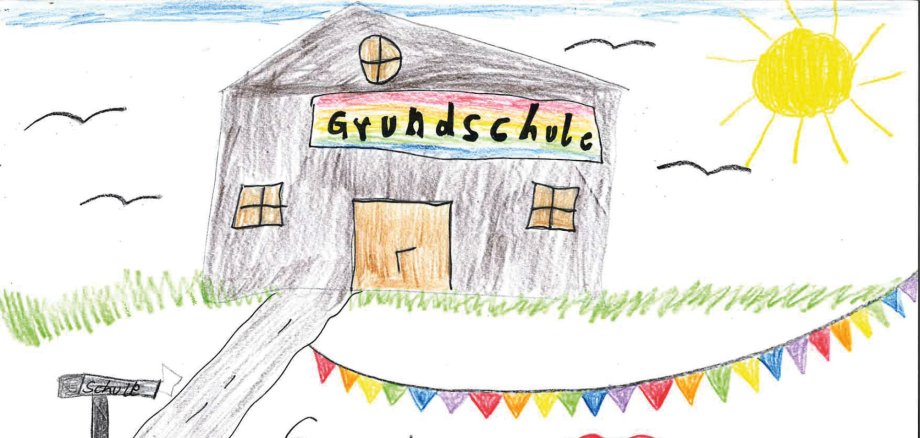 Dieses Bild einer Grundschule ziert die Titelseite des ersten Gafög-Bedarfsplans des Landkreises SÜW. Repro: KV SÜW/frei Kinderzeichnung einer Grundschule an einem sonnigen Tag. In der Mitte steht ein graues Schulgebäude mit einem bunten Schild „Grundschule“ über dem Eingang. Ein Weg führt von links zur Tür, daneben zeigt ein Wegweiser auf die Schule. Vor dem Gebäude stehen fünf fröhliche Kinder mit erhobenen Armen. Über ihnen hängen bunte Wimpelketten, daneben sind ein rotes Herz und der Schriftzug „Grundschule“ zu sehen. Links und rechts liegen Schulranzen auf dem Boden. Im Hintergrund sind grünes Gras, ein blauer Himmel, eine gelbe Sonne und mehrere fliegende Vögel zu sehen.