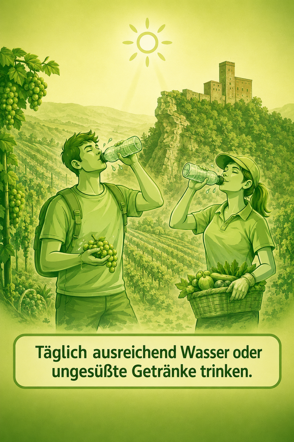Illustration zweier Personen in den Weinbergen der Südlichen Weinstraße vor der Burg Trifels, die Wasser aus Trinkflaschen trinken. Die Sonne scheint, Weinreben und Landschaft sind im Hintergrund zu sehen. Text: „Täglich ausreichend Wasser oder ungesüßte Getränke trinken.“