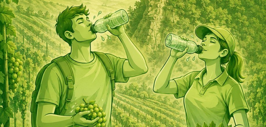 Illustration zweier Personen in den Weinbergen der Südlichen Weinstraße vor der Burg Trifels, die Wasser aus Trinkflaschen trinken. Die Sonne scheint, Weinreben und Landschaft sind im Hintergrund zu sehen. Text: „Täglich ausreichend Wasser oder ungesüßte Getränke trinken.“