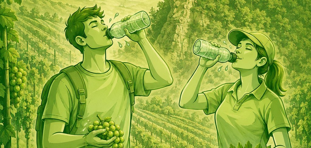 Illustration zweier Personen in den Weinbergen der Südlichen Weinstraße vor der Burg Trifels, die Wasser aus Trinkflaschen trinken. Die Sonne scheint, Weinreben und Landschaft sind im Hintergrund zu sehen. Text: „Täglich ausreichend Wasser oder ungesüßte Getränke trinken.“