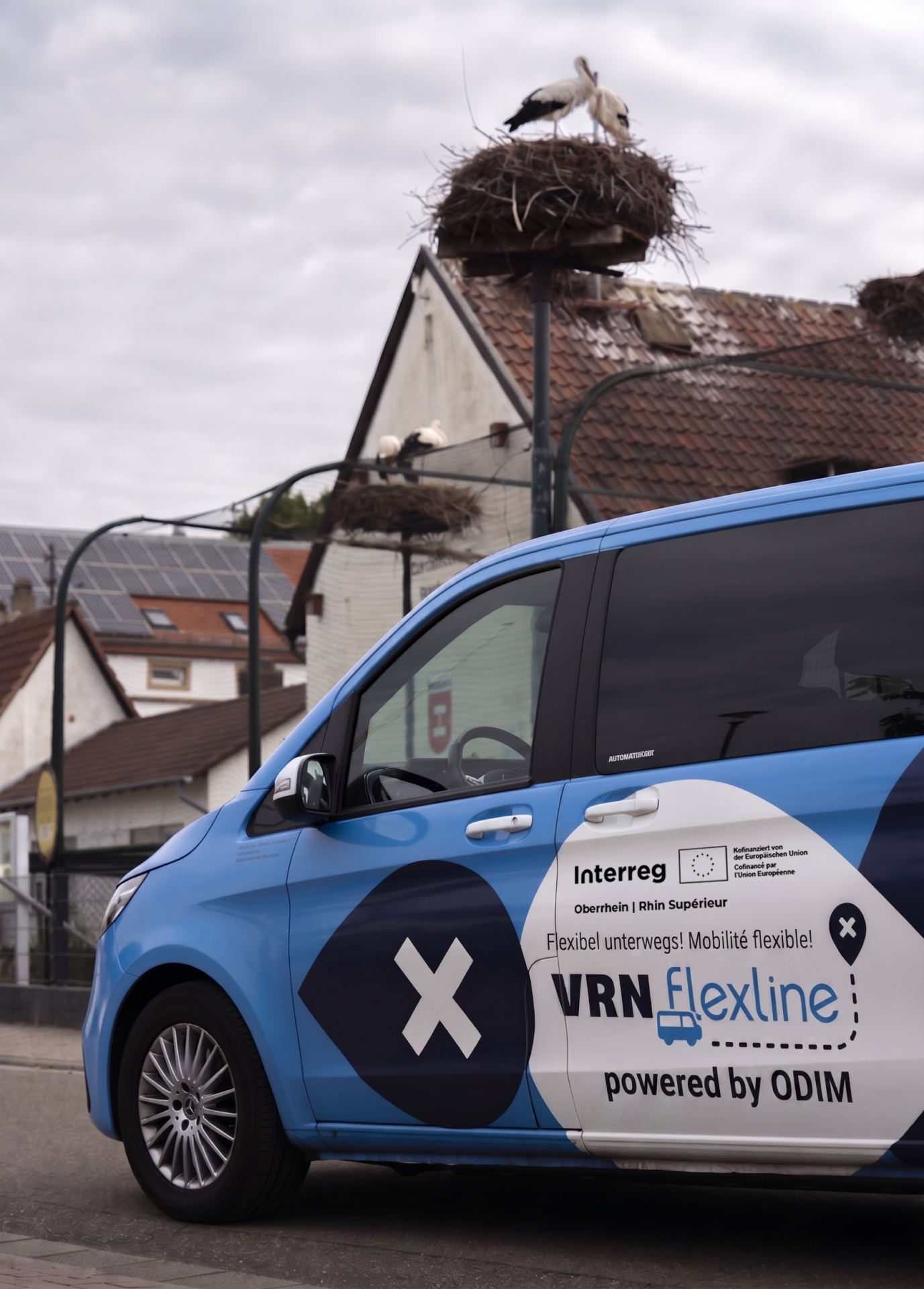 Ein blauer Kleinbus mit Interreg-Logo, im Hintergrund Häuser mit Nestern mit Weißstörchen.