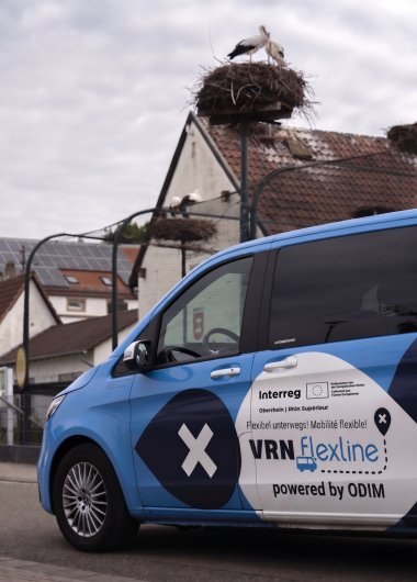 So könnten die Kleinbusse auf Abruf aussehen, die grenzübergreifend unterwegs sein werden. Fotomontage mit KI: KV SÜW Ein blauer Kleinbus mit Interreg-Logo, im Hintergrund Häuser mit Nestern mit Weißstörchen.