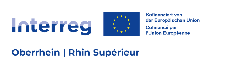 Logo Interreg Oberrhein. Grafik: Interreg EU-Flagge mit Schriftzug Interreg Oberrhein, Rin Superieur