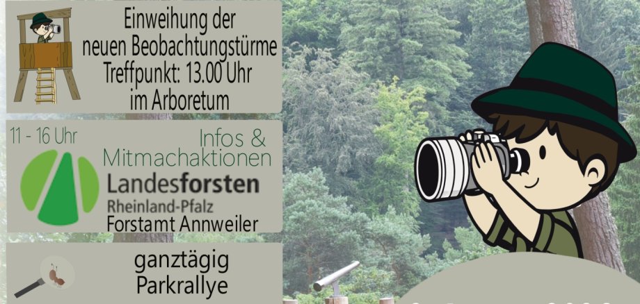 Figur eines Rangers, der durch ein Fernrohr sieht und Text mit Infos zum Sommerfest am 2. August 2026.
