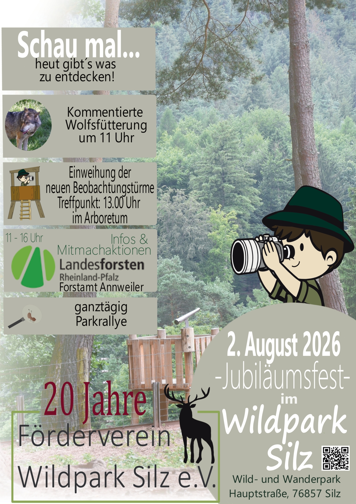 Figur eines Rangers, der durch ein Fernrohr sieht und Text mit Infos zum Sommerfest am 2. August 2026.