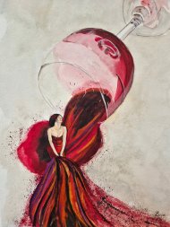 „Rotweinlady“ heißt eines der Werke, die Silke Ballheimer ab dem 14. Juni im Kreishaus SÜW ausstellen wird. Bildquelle: Ballheimer Illustrative, künstlerische Darstellung: Ein umgestürztes Weinglas gießt scheinbar Rotwein aus. Der ausfließende Wein verwandelt sich in das lange, farbenfrohe Kleid einer sitzenden Frau. Rote, violette und orangefarbene Farbtöne fließen ineinander und erzeugen den Eindruck von Bewegung. Der Hintergrund ist hell und schlicht gehalten, wodurch das Weinglas und die Figur besonders hervortreten.