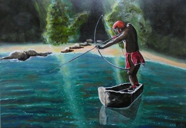 „Pass auf“ lautet der Titel eines von zahlreichen Acrylbildern von Rolf Großkopf über das Leben in Südamerika. Bildquelle: Großkopf Gemälde eines Menschen mit roter Kopfbedeckung, der auf einem schmalen Boot steht und mit Pfeil und Bogen auf das Wasser zielt. Das Boot treibt auf einem türkisblauen Gewässer vor einem bewaldeten Ufer. Im Hintergrund sind helle Sandflächen, Felsen und dichtes grünes Laub zu sehen. Die Szene ist in kräftigen Farben gestaltet.