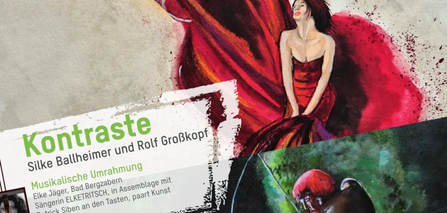 Plakat zur Doppelausstellung "Kontraste". Grafik: KV SÜW. Bilder: Ballheimer/Großkopf Plakat der Kreisverwaltung Südliche Weinstraße zur Ausstellung „Kunst im Kreishaus Südliche Weinstraße“. Unter dem Motto „Auf dem richtigen Weg. Auch bei der Kunst.“ wird die Ausstellung „Kontraste“ von Silke Ballheimer und Rolf Großkopf angekündigt. Das Plakat zeigt zwei farbenstarke Gemälde: eine Frau, deren Kleid aus einem auslaufenden Weinglas entsteht, sowie eine Person in einem Boot mit Pfeil und Bogen auf dem Wasser. Die Ausstellung läuft vom 14. Juni bis 10. Juli 2025 im Kreishaus der Südlichen Weinstraße in Landau.