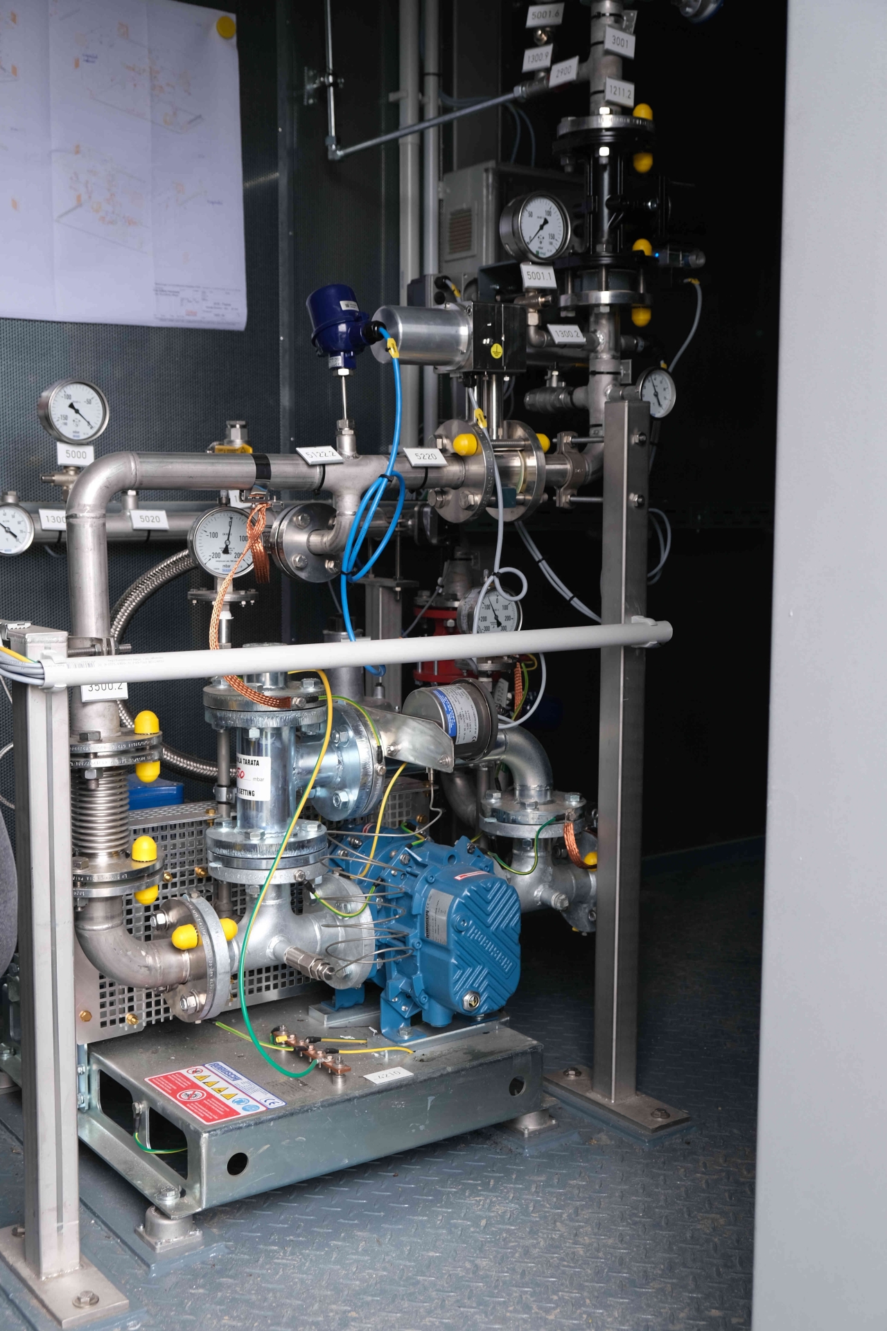 Blick in eine technische Anlage mit Rohrleitungen, Ventilen, Messgeräten und einer blauen Pumpe. Mehrere Druckanzeigen und gekennzeichnete Armaturen sind an den metallischen Leitungen angebracht. Die Installation befindet sich in einem geschlossenen Technikraum und dient der Erfassung und Steuerung von Gasströmen.