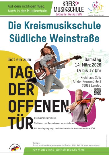 Plakat: Tag der offenen Tür der Kreismusikschule SÜW. Grafik: KV SÜW Plakat zum Tag der offenen Tür der Kreismusikschule SÜW am 14. März 2026.