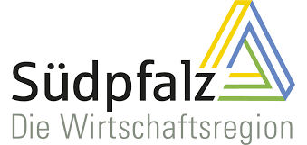 Logo der Wirtschaftsregion Südpfalz mit stilisiertem dreieckigem Symbol in Gelb, Blau und Grün sowie dem Schriftzug „Südpfalz – Die Wirtschaftsregion“.