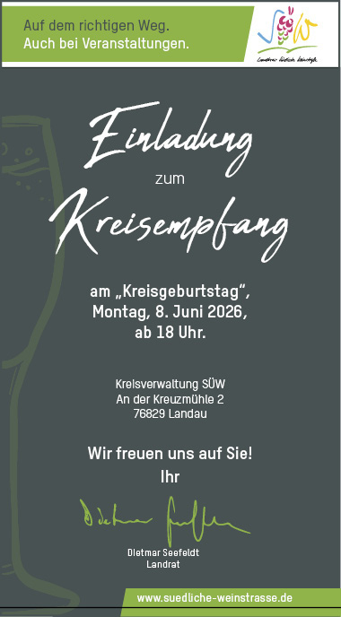 Einladung Kreisempfang 2026. Grafik: KV SÜW Einladungskarte mit heller Schrift auf dunklem Grund.