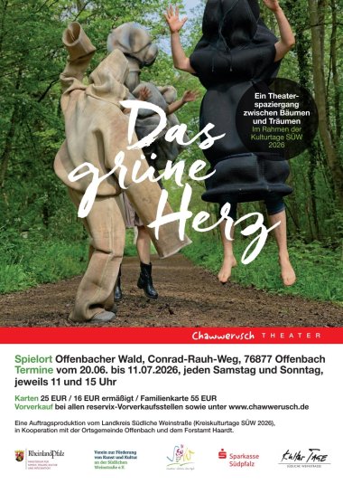 Plakat für den Theaterspaziergang „Das grüne Herz“. Grafik: Chawwerusch Theater Plakat für den Theaterspaziergang „Das grüne Herz“ im Offenbacher Wald. Zu sehen sind kostümierte Figuren im Wald sowie Informationen zu Spielort, Terminen und Eintrittspreisen im Rahmen der Kulturtage SÜW 2026.