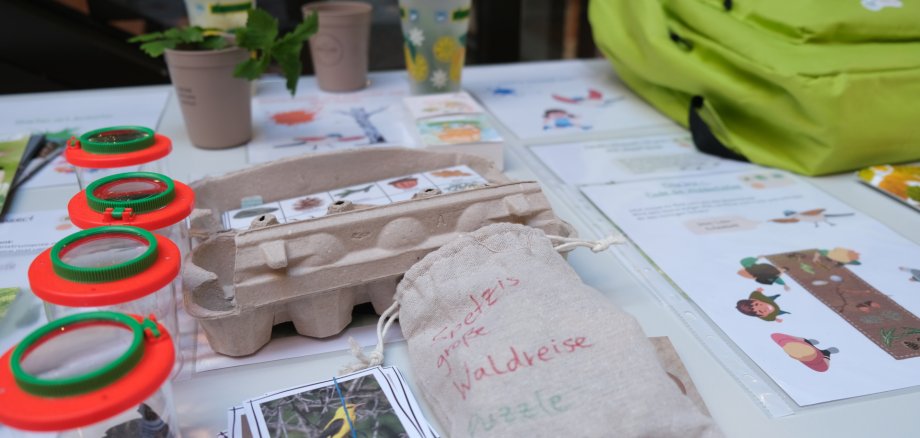 Der „Spetzi Entdeckerrucksack Wald“ enthält viele Materialien, um die Natur vor der Haustür zu entdecken. Foto: KV SÜW Auf einem Tisch liegen Materialien des Entdeckerrucksacks für Naturerkundungen, darunter Becherlupen, Bestimmungskarten, Spiel- und Lernmaterialien, ein Eierkarton sowie ein Stoffbeutel mit Waldkreis-Puzzleteilen. Im Hintergrund ist ein grüner Rucksack zu erkennen.