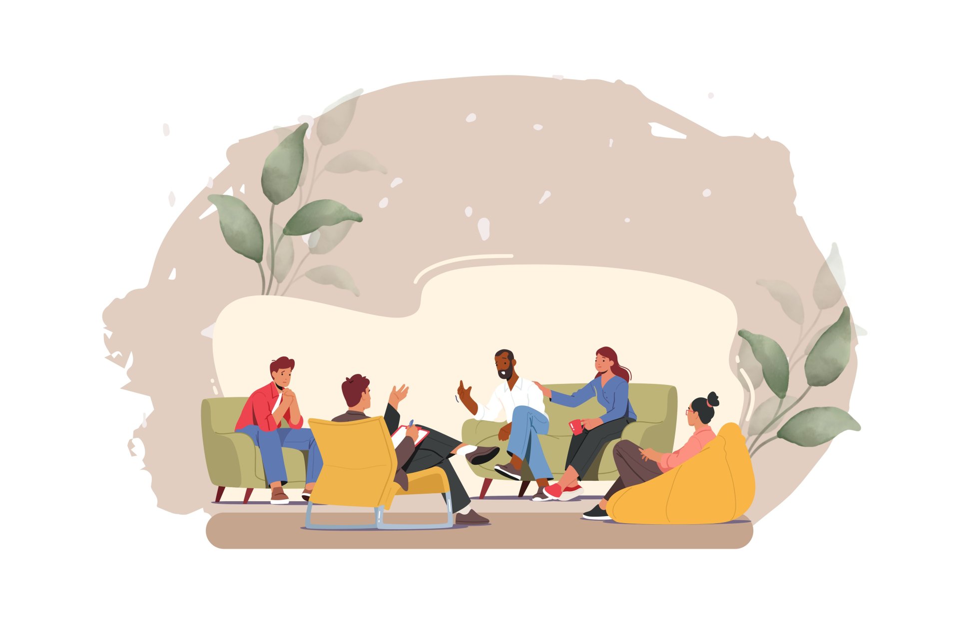 Illustration einer Gesprächs- oder Selbsthilfegruppe: Fünf Menschen sitzen in gemütlicher Runde auf Sofas und Sitzsäcken zusammen und unterhalten sich. Die Szene wirkt freundlich und entspannt, mit sanften Naturfarben und dekorativen Blättern im Hintergrund.