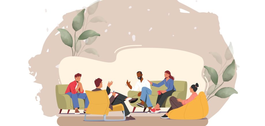 Illustration einer Gesprächs- oder Selbsthilfegruppe: Fünf Menschen sitzen in gemütlicher Runde auf Sofas und Sitzsäcken zusammen und unterhalten sich. Die Szene wirkt freundlich und entspannt, mit sanften Naturfarben und dekorativen Blättern im Hintergrund.