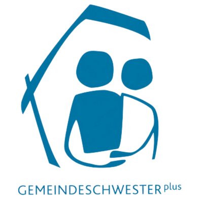 Zwei stilisierte Personen unter einem schützenden Dach, dazu der Schriftzug „Gemeindeschwester plus“.