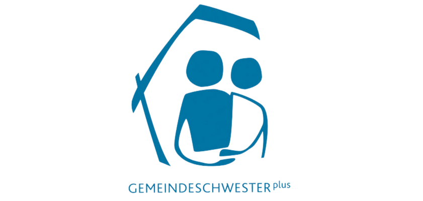 Logo „Gemeindeschwester plus“. Grafik: KV SÜW Zwei stilisierte Personen unter einem schützenden Dach, dazu der Schriftzug „Gemeindeschwester plus“.