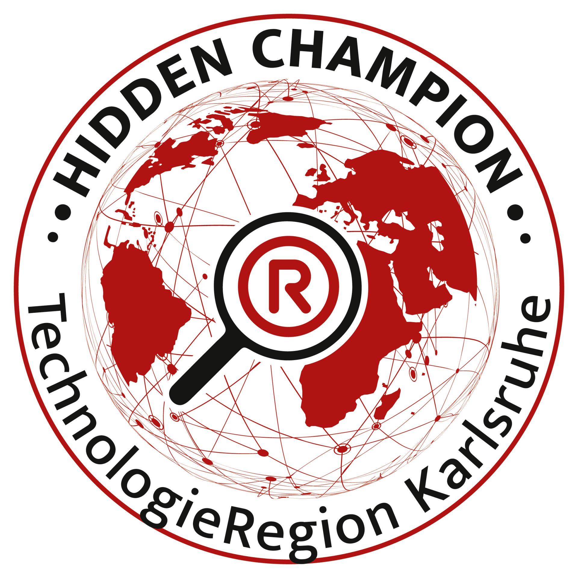 Siegel "Hidden Champion – TechnologieRegion Karlsruhe mit roter Weltkugel, Lupe und stilisiertem "R" in der Mitte.