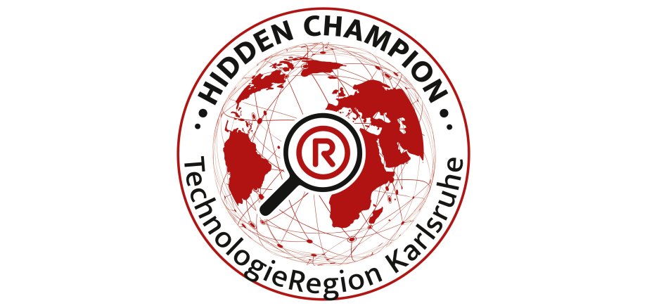 Siegel "Hidden Champion – TechnologieRegion Karlsruhe mit roter Weltkugel, Lupe und stilisiertem "R" in der Mitte.