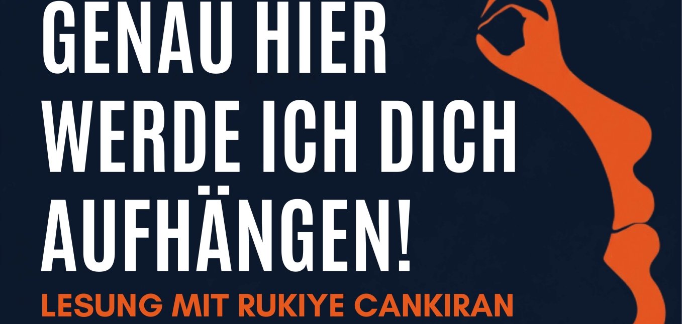 Veranstaltungsplakat zu den Orange Days 2026. Angekündigt wird die Lesung "Genau hier werde ich dich aufhängen!" mit Rukiye Cankiran am 10. November um 19 Uhr in der Stadthalle Kandel. Thema sind Geschichten über Frauen und Gewalt. Der Eintritt ist frei. Das Plakat ist in Dunkelblau, Weiß und Orange gestaltet und zeigt rechts das stilisierte Profil eines Frauengesichts.