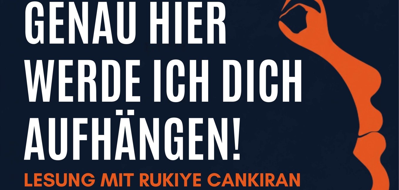 Veranstaltungsplakat zu den Orange Days 2026. Angekündigt wird die Lesung "Genau hier werde ich dich aufhängen!" mit Rukiye Cankiran am 10. November um 19 Uhr in der Stadthalle Kandel. Thema sind Geschichten über Frauen und Gewalt. Der Eintritt ist frei. Das Plakat ist in Dunkelblau, Weiß und Orange gestaltet und zeigt rechts das stilisierte Profil eines Frauengesichts.