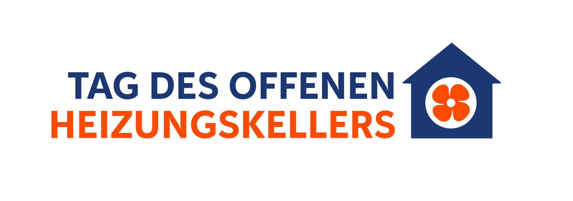 Logo der Aktion  „Tag des offenen Heizungskellers“. Der Schriftzug ist in Dunkelblau und Orange gehalten. Rechts daneben ist ein dunkelblaues Haus mit einem orangefarbenen Lüfterrad als Symbol für eine Wärmepumpe abgebildet.